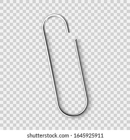 Realistic tilted metal paper clip. Page holder, binder. Vector illustration.