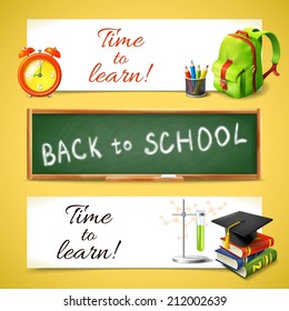 Realistic time to learn back to school horizontal banners set with education icons vector illustration