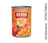 Realistic tin can of baked beans in tomato sauce with brand on white background vector illustration