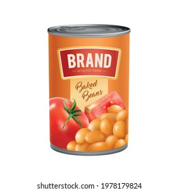 Realistic tin can of baked beans in tomato sauce with brand on white background vector illustration