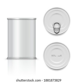 Realistic Tin Can With Pull Ring. Side, Top And Bottom View. EPS10 Vector