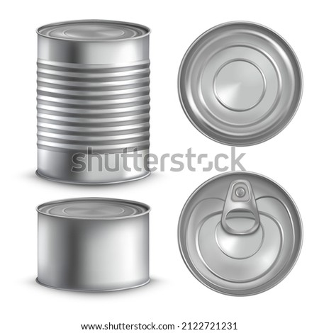 Realistic tin cans. 3d mockup metal can, steel canister package, aluminium canned cap, aluminum cylinder food pack, metallic silver tinned boxes, isolated tidy vector illustration. Realistic tin metal