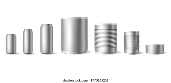 Realistic tin cans. Mockups of empty metallic cylinders, cylindrical container for food or drink, vector illustration of aluminium smooth and ribbed cans isolated on white background