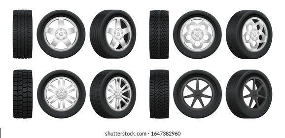 Realistic tires. 3d auto tyres and alloy rims, car wheels with different tread patterns from side and front views, auto technology service isolated vector set