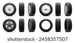 Realistic tires. 3d tires winter or summer car wheels, rubber tire with alloy disk isolated new tyre render automotive service consumer ads, truck wheel nowaday vector illustration of rubber tyre