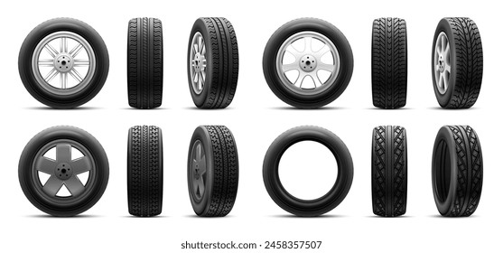 Realistic tires. 3d tires winter or summer car wheels, rubber tire with alloy disk isolated new tyre render automotive service consumer ads, truck wheel nowaday vector illustration of rubber tyre