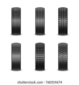 Realistic tires with different tread marks Auto black rubber tyre, illustration of car tyre for wheel on white background