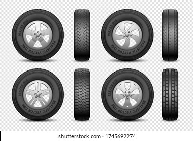 Realistic Tires. Isolated Car Rubber Wheel. Vehicle Service, Truck Wheels Repair. Front And Side View Tire Vector Set