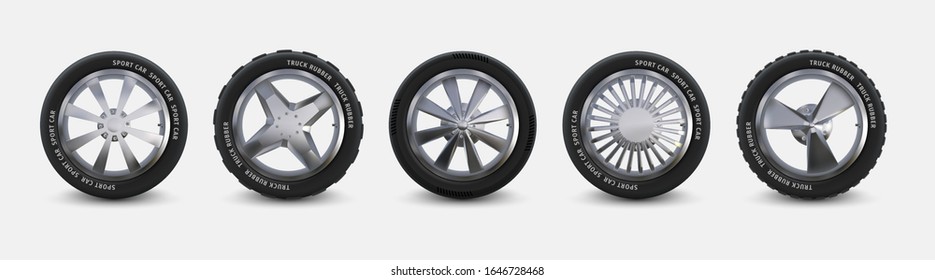 Realistic Tires Set. Truck Wheels Isolated On White, Winter And Summer Car Tires, 3D Detailed Aluminum Alloy Rims. Vector Black Automobile Rubber With Different Rims For Vehicle