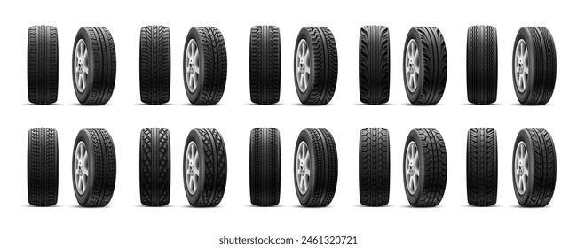 Realistic tires tread. Rubber tire automotive protector texture type, 3d isolated car wheel tyre front view, auto tyres for winter or summer road race, vector illustration of wheel rubber vehicle