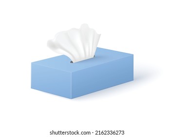 Realistic tissue box in 3d style, vector illustration isolated on white background. Opened cardboard package with paper napkins. Handkerchief container mockup.