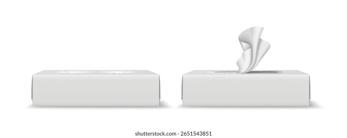 Mockup de caixa de tecido realista com uma caixa fechada e um tecido emergindo. Fundo branco simples enfatiza o design limpo. Ideal para apresentações de produtos.
