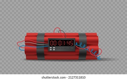 Tienda realista y palos de dinamita con cuenta regresiva del temporizador. Explosivos fuegos artificiales de armas militares. Equipo con detonador para destruir un ataque. 3.ª ilustración vectorial