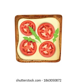 Realistic toast bread toppings composition with top view of bread slice with butter and tomatoes vector illustration