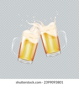 Realistic toasting mugs. 3d transparent beer mug for cheers fest, two glass cup refreshing beers with splash froth, toast in alcohol pub, drink holiday, decent vector illustration of beverage foam mug