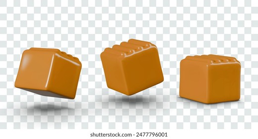 Realistic toffee cubes in 3D style. Classic chewing milk sweets