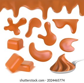 Borde de caramelo derretido, charcos y dulces. Mantequilla de cacahuete en cuchara, crema de caramelo de leche goteante, gotas y conjunto de vectores de remolino. Ilustración de la masa torrencial, postre de maní