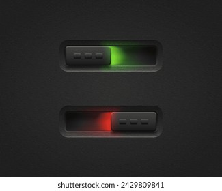 Realistic toggle switch. Black switches with backlight, on off - position. Vector illustration.