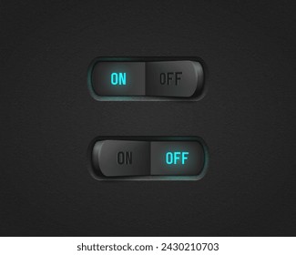 Realistic toggle switch. Black switches with backlight, on off - position. Vector illustration.