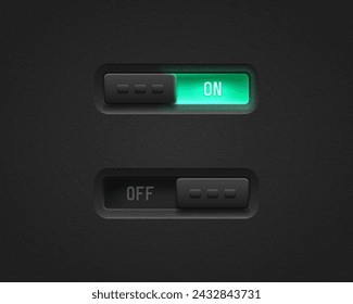 Realistic toggle switch. Black switches with backlight, on off - position. Vector illustration.