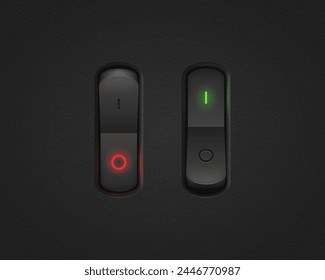 Realistic toggle switch. Black switches with backlight, on off - position. Vector illustration.