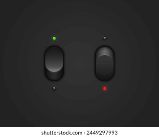 Realistic toggle switch. Black switches with backlight, on off - position. Vector illustration.