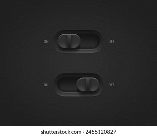 Realistic toggle switch. Black switches on off - position. Vector illustration.