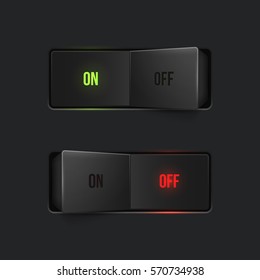 Realistic toggle switch. Black switches with backlight, on/off - position. Vector illustration.