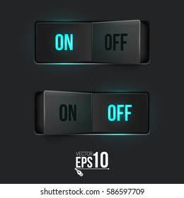 Realistic toggle switch. Black switches with backlight, on/off - position. Vector illustration.