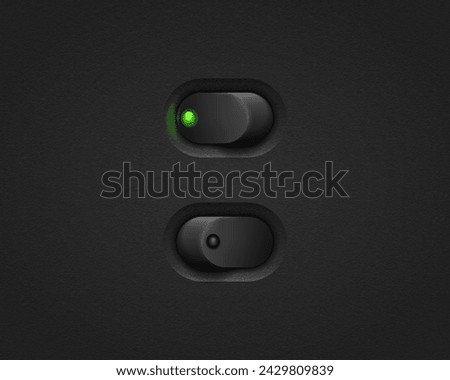 Realistic toggle switch. Black switches with backlight, on off - position. Vector illustration.