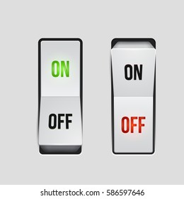 Realistic toggle switch. White switches with backlight, on/off - position. Vector illustration.