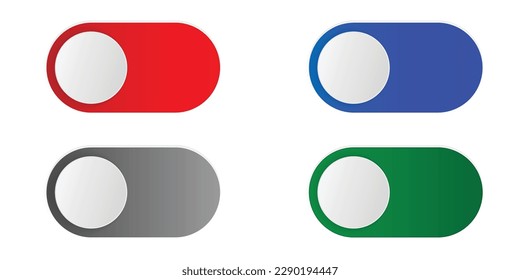 Realistic toggles switch button : On, Off vector set  Blue, green On app interface slide buttons. Red, grey Off switch button elements. Setting control toggle 