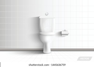 Realistic Toilet Bowl and Modern Architecture of  Interior Resting Room and Decorative Design., WC Hygiene Seat on Ceramic Tiles Background. Vector 3D Idea Creative Design, Illustration.