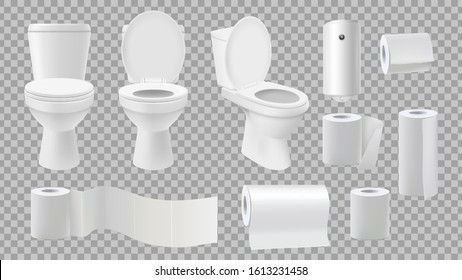 Realistic toilet bowl. Restroom accessories isolated on transparent background. Paper rolls and and air freshener vector set