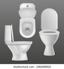 Realistic toilet bowl. White toilet basin, clean lavatory bathroom ceramic bowls group top, side and front view. Toilet seating interior equipment vector mockups