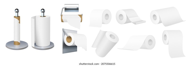 Realistic toilet paper and kitchen towels roll metal holder. Hygiene bath 3d napkins. Empty brown tube. Tissue rolls on hangers vector set. Household objects for restroom or lavatory