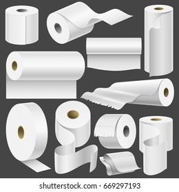 Realistic toilet paper roll and kitchen towel template mock up set isolated vector illustration blank white 3d packaging