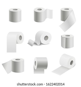 Realistic toilet paper roll set isolated on white background. Collection of soft textured sanitary napkin in different angles and positions - vector illustration