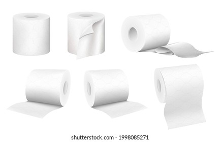 Realistic toilet paper roll set isolated on white background. Collection of soft textured sanitary napkin in different angles and positions , 3D vector illustration