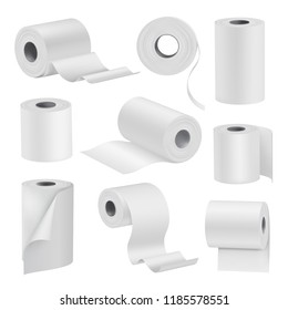 Realistic toilet paper in rolls, white set. Sanitary absorbent paper, rolled around a cardboard cylinder. Vector 3D illustration isolated on white background