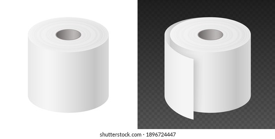 Realistic toilet paper template mockup set isolated, blank white 3d rolls editable for branding or labels on white and black background. Vector illustration