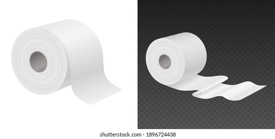 Realistic toilet paper, paper towels or napkins rolling. Template mockup set isolated, blank white 3d rolls editable for branding on white and black background. Vector illustration