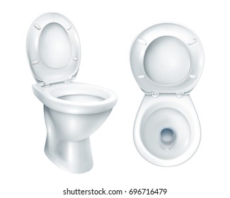 Realistic toilet top view and general mockup with raised plastic seat on white background isolated vector illustration