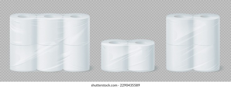 Realistic toilet towel paper, hygiene. Isolated 3d vector tissue rolls packed into plastic wrapper. Essential bathroom or kitchen item, providing comfort and cleanliness for personal sanitary needs svg