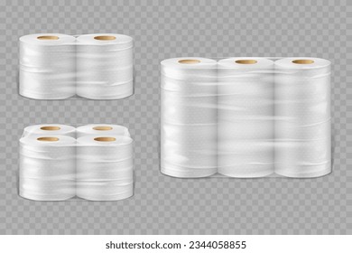 Realistic toilet towel paper, isolated 3d vector tissue rolls realistic mockup. White textured disposable toilet tape wrapped in in cellophane packaging. Bathroom or kitchen soft absorbent accessories