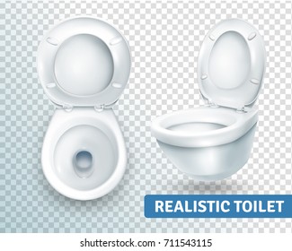 Realistic toilet transparent set with two isolated images of white toilet bowl view from different angles vector illustration