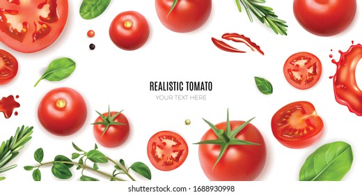 Realistic tomato frame background with editable text surrounded by isolated images of ripe vegetables and greens vector illustration