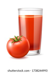 Realistic tomato juice glass with straw whole sliced tomato. Vector red juice cup, fresh vegetable drink for healthy eating. Organic beverage bloody marry cocktail for summer party Vegetarian drink