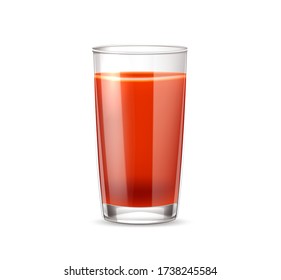 Realistic Tomato Juice Glass. Vector Red Juice Cup, Fresh Vegetable Drink For Healthy Eating. Organic Beverage, Bloody Marry Cocktail For Summer Party. Vegetarian Drink