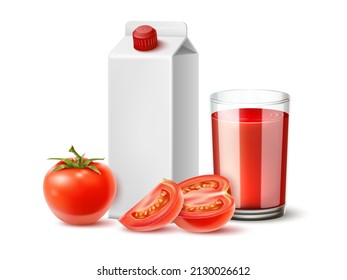 Realistic Tomato Juice. Natural Vegetable Red Drink. Healthy Raw Product. 3D Glass Cup And Cardboard Box. Blank Packaging Mockup. Vegan Beverage. Whole And Sliced Fruit